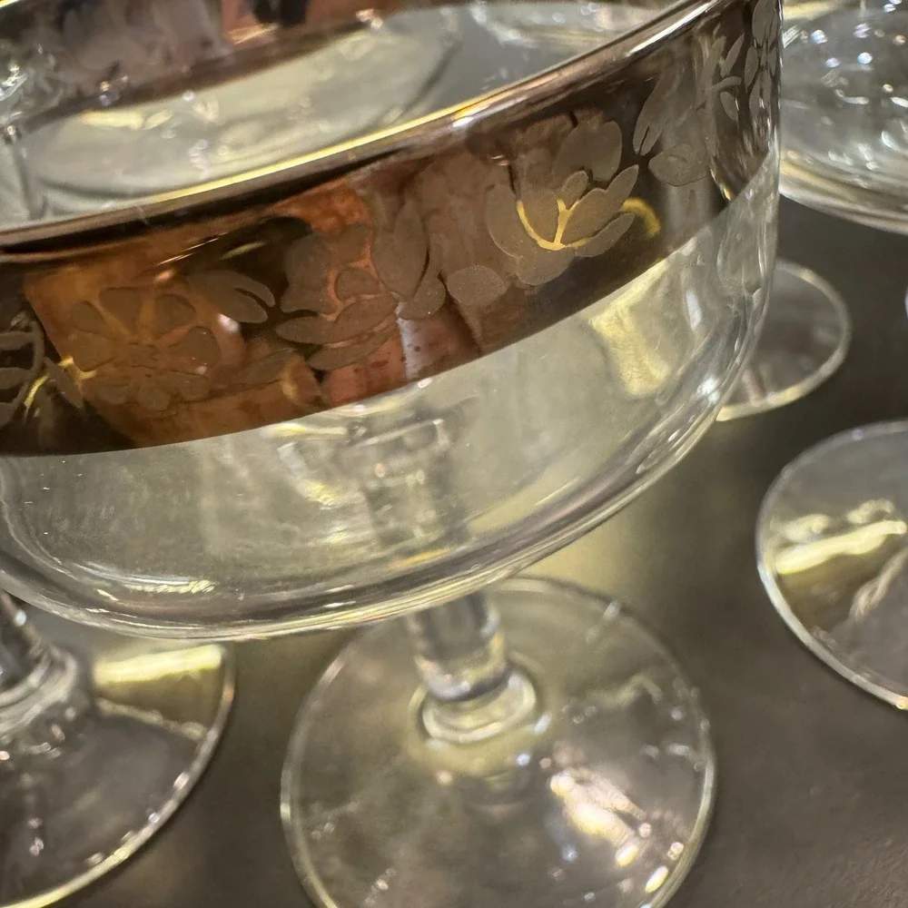 Vintage Champagne Coupe Set 6 Silver Floral Etched Rim Mid Century Clear Glass